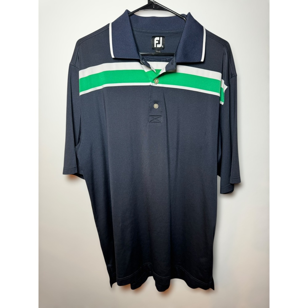 FootJoy FJ Men's Golf Polo Shirt Navy Green White Stripe Short Sleeve Size XL‎